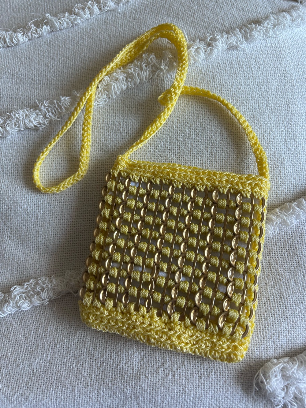 Hand Crafted Yellow Crochet Mini Shoulder Bag with Gold Soda Top Detail